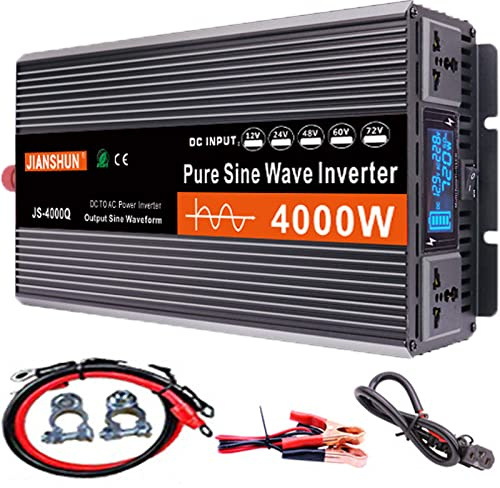4000W 5000W 6000W Heavy Duty Pure Sine Wave Power Inverter DC 12V 24V To 220V AC,Voltage Transformer Lcd Digital Display with 2 Ac Outlets Widely In Rv,Travel,Outdoor Picnic,Boat Yacht,12V-4000W