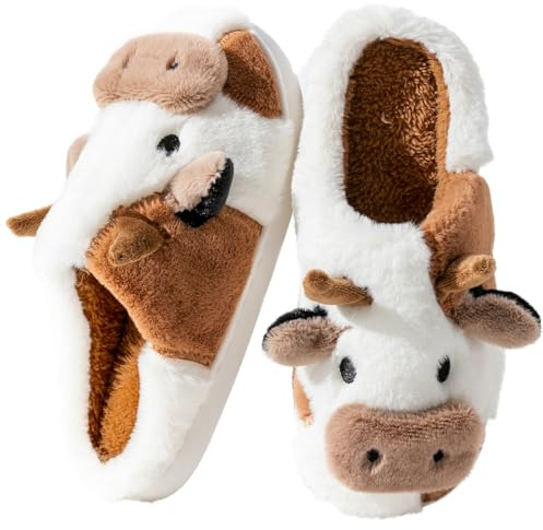 Fadezar Pantofole Donna Squalo/Mucca Ciabatte Donna Uomo Peluche Calde Leggere Morbide Comode e Antiscivolo Ciabatte Invernali Bianco Marrone EU 37-38 (Misura Suola 38-39)