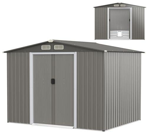 COSTWAY Abri de Jardin 4.7㎡en Acier Galvanisé Anti-UV, 260 x 207 x 181 CM, Cabane de Jardin Exterieur 9.7 m³ avec Fondation et Porte Coulissante, Rampe, 4 Trous d’Aération, 4 Gants Inclus, Gris Foncé
