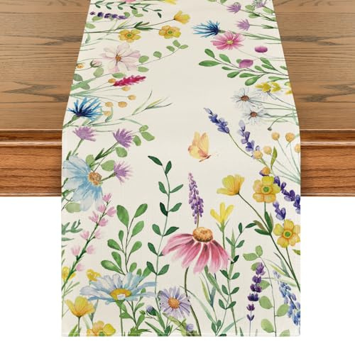 Artoid Mode Gänseblümchen Eukalyptus Lavendel Blumen Blätter Frühling Tischläufer, Küche Esstisch Dekoration Drinnen Urlaub Party Dekor 40x180 cm