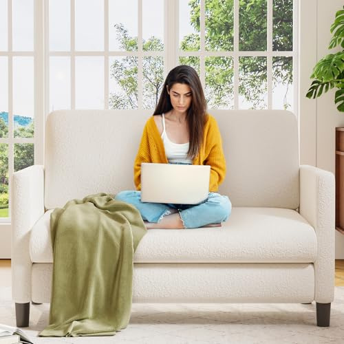 Welzona Loveseat Sofa, 51 Love Seat, Comfy Teddy Small Loveseat for Small Spaces, Tool-Free Setup Sofa Couch for Bedroom, All-Wood Couches for Living Room, No Pillow Included, Beige