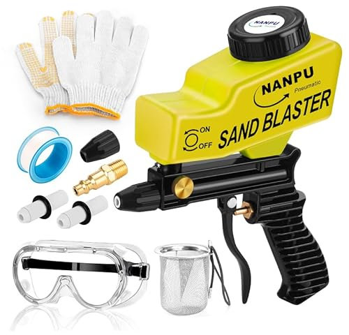 NANPU Luftsandstrahlpistole mit Schwerkraftzufuhr – Keramikdüse, Metallkörper | zum Entfernen von Farbe, Rost und Glasätzen | Vielseitig für Aluminium, Sand, Walnusshaut Muscheln und Soda