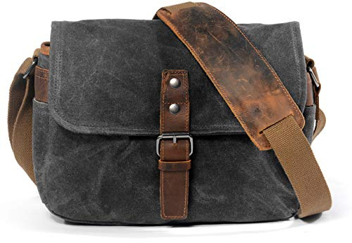 FUNSEED Waxed Canvas Crossbody Bag for Men and Women with Waterproof Design, Compact Shoulder Case for DSLR/SLR/Mirrorless Cameras (Grey)