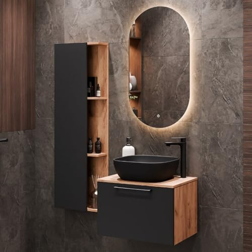 Planetmöbel Astra Conjunto Muebles de baño con Mueble bajo Lavabo 60 cm, 1 Armario Lateral Roble Dorado Antracita, lavamanos sobre encimera 42 cm Negro, Espejo (con LED) 50 cm