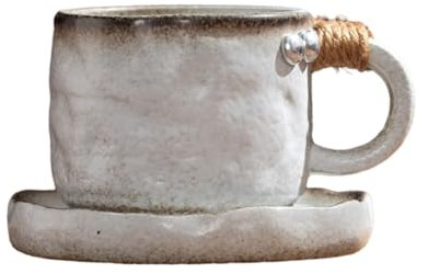 CAPIJIONG Juego de tazas de café retro de 300 ml, taza de café creativa japonesa simple para horno, taza de café antigua, disco de color blanco marfil