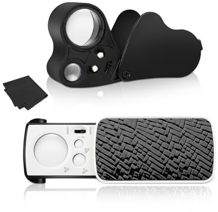 Lot de 2 Loupes Bijoutier 30X 60X 90X avec Lumière LED et UV,Loupe de Bijoux pour Inspection de Diamants,Gemmes,Pièces de Monnaie,Pierres Précieuses,Timbres, avec Chiffon de Nettoyage