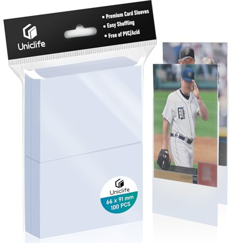 Uniclife 100 Counts Thickened Trading Card Sleeves Ultra Clear Penny Sleeves for Trading Cards Baseball Card Sleeves Card Protectors for Sports Cards MTG Cards Football Cards, 66 x 91 mm