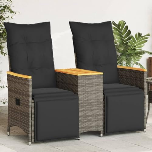 Gecheer Gartensofa 2-Sitzer Verstellbar mit Tisch Grau Poly Rattan