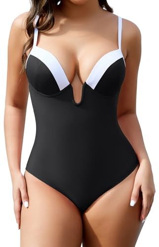 SHAPERIN Costume da Bagno con Ferretto Donna Costume Intero con Controllo della Pancia Push Up Monokini Senza Schienale One Piece Swimsuits Nero M
