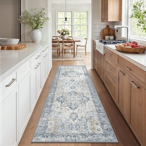 GENIMO Vintage Läufer Teppich Blau, Waschbar für Flur, 80x300 cm | Weicher Kurzflor, Rutschfeste Rückseite, Pflegeleicht für Küche und Korridor