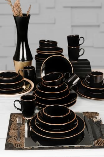 Set de cena de cerámica de 30 piezas, color negro, antibacteriano, respetuoso con el medio ambiente, fácil de limpiar, apto para lavavajillas y microondas, perfecto para cenas elegantes