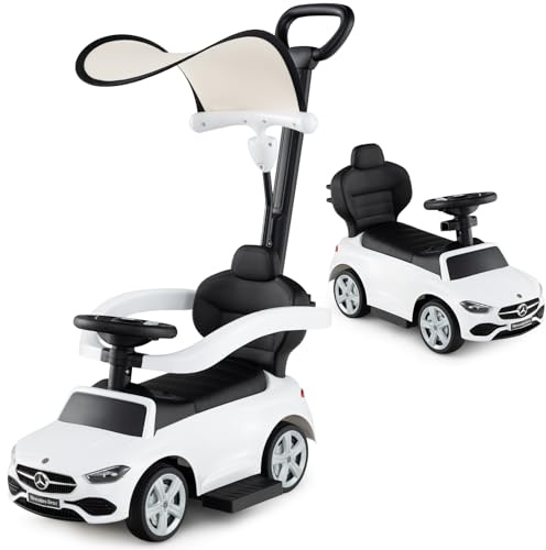 GOPLUS Coche de Empuje 3 en 1 para Niños, Coche de Paseo Mercedes-Benz Licenciado con Capota Ajustable y Almacenamiento Bajo el Asiento, Coche Deslizante con Sonidos para Niños de 18-36 Meses (Blanco)