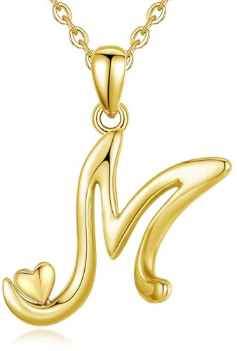 CELESTIA Collier Lettre M en Argent Massif 925 Pendentif avec Cœur- Personnalisé Cadeau de Saint Valentin/Fête des Mères/Noël - Chaîne Plaqué Or Femme Ajustable 51cm