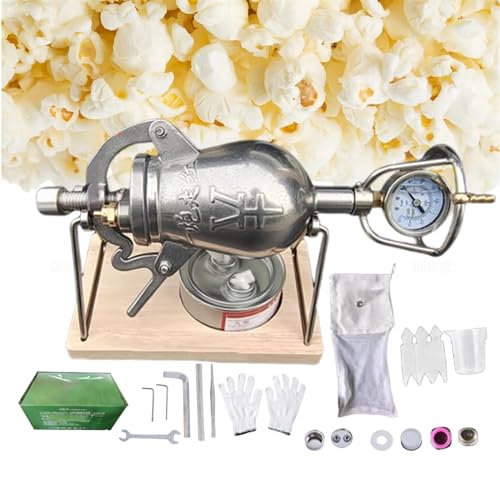 Popcorn Machine High Pressure Popcorn Maker Machine, Chinese Vintage 304 Stainless Steel Manual Crank Mini Popcorn Machine, with Pressure Gauge, 328ml Wooden Board Base Hot Air Popcorn Canno