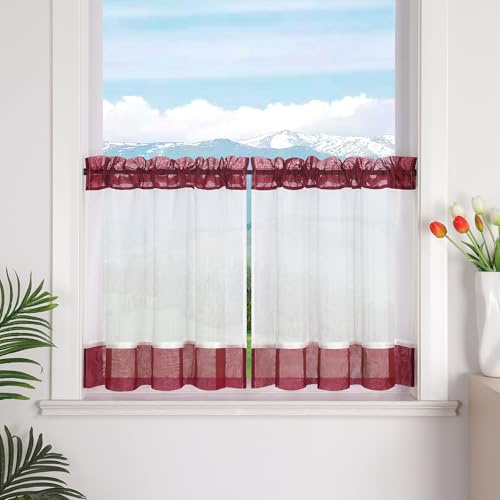 Delien Leinenoptik Scheibengardinen mit Kräuselband und Tunnelzug Halbtransparente Bistrogardinen für Küchenfenster Landhaus Kurzstores 1 Stück,Rot,BxH 120x45cm