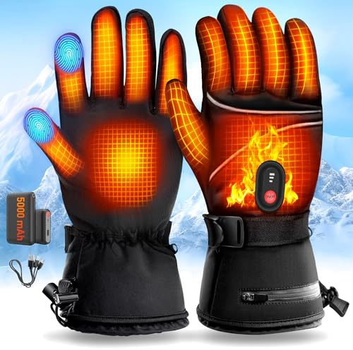 DeeprBetter Gants Chauffants Femme Homme, 5000mAh Batterie Gant Chauffant Moto, Imperméable Sous Gants Chauffants Électriques à 3 Températures Réglable, Ecran Tactile USB Gant Chauffant pour Velo, Ski