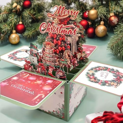 pekifaves Pop-Up Weihnachtskarte, 3D Weihnachtskarte mit Weihnachtsbaum und Schneemann, Pop up Weihnachten Klappkarte mit umschlag, Chrismas Geschenkkarte, X-Mas Karte für Kinder, Frauen & Männer
