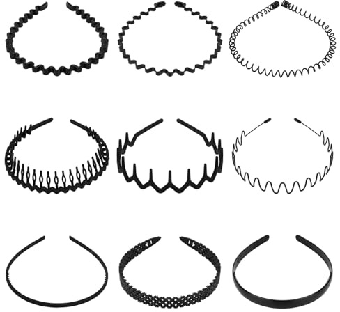 9stk Schwarze Haarbänder mit Zähnen für Männer und Frauen, Stilvolle Rutschfeste Haarkamm-Stirnbänder aus Kunststoff Schmale Zickzack- und Gewellte Haaraccessoires für Alle Altersgruppen