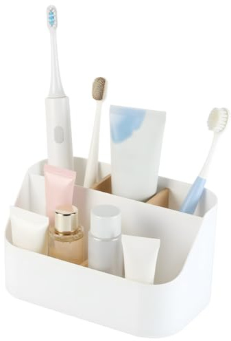 OSDUE Porte Brosse à Dents, Support pour Brosses à Dents 3 Compartiments Amovible Rangement Porte Brosse à Dent en Bambou Stand Multifonctions pour Cuisine Salle de Bains, Blanc