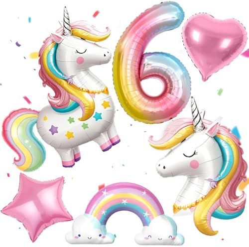 PtyPop Einhorn Deko Kindergeburtstag Mädchen 1 2 3 4 5 6 Jahre, Einhorn Luftballon Stehend Folienballon Regenbogen Herzluftballons, Einhorn Kindergeburtstag Decorations Party Deko (6 Jahre)