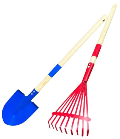 Set di 2 rastrelli e pala in legno per bambini, strumento per attività all'aperto, facile impugnatura, suolo, sabbia, giardinaggio, giardinaggio e attività all'aperto