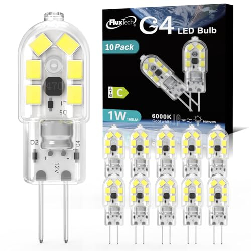 FluxTech G4 LED Bulbs 1W, AC/DC 12V, Cool White 6000K, Equivalent 10W 15W 20W G4 Halogen Lamp, 165LM, Non Dimmable No Flickering Energy Saving Capsule Light Bulb for Home-Lighting,10 Pack