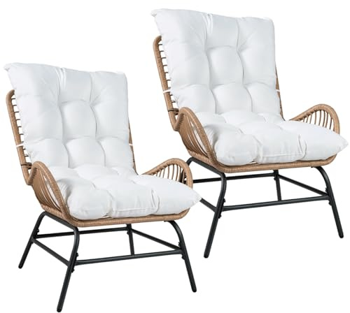 COSTWAY 2er Set Gartensessel Rattan Wetterfest, Gartenstuhl mit Kissen | Rattansessel XXL, Terrassenstuhl, Rattanstuhl bis 150 kg belastbar, für Garten, Terrasse, Balkon, Weiß