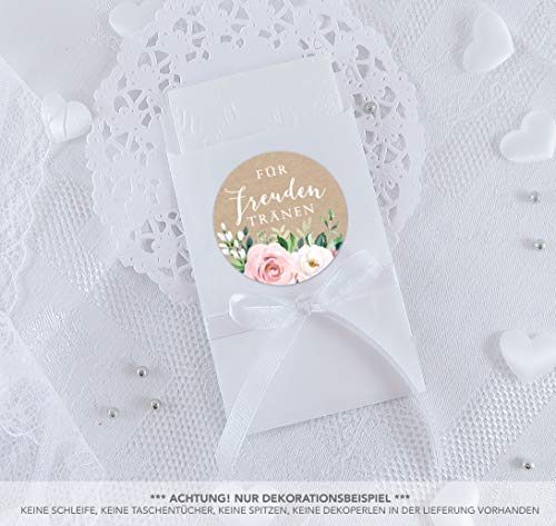 Freuden Tränen Taschentücher Set zur Hochzeit Groß 48 Sticker + 48 weiße Flachbeutel 63 x 93 mm Freudentränen Taschentuch Verpackung BOHO HIPPIE ROSEN EUKALYPTUS KRAFTPAPIER LOOK ZWEIGE ROSA