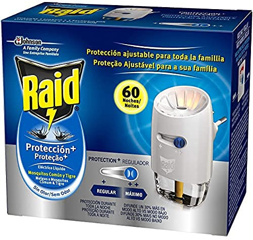Raid ® Eléctrico Líquido Protección+ 60 noches - Enchufe anti mosquitos comunes y tigre con difusor regulable, Incluye aplicador y recambio