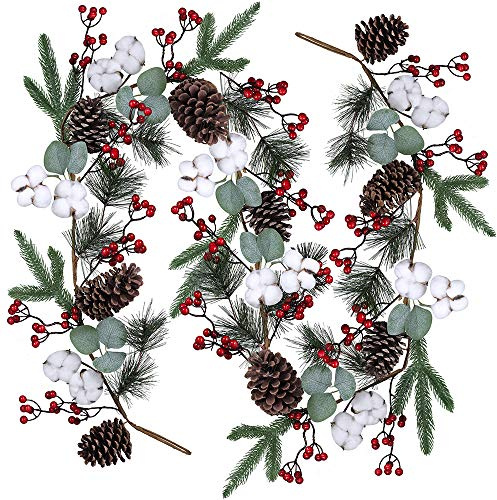 Artificial Christmas Pine Garland with Berries Pinecones Spruce Eucalyptus Leaves Cotton Balls Winter Greenery Garland for Holiday Season Mantel Fireplace Table Runner Centerpiece Décor 6 feet