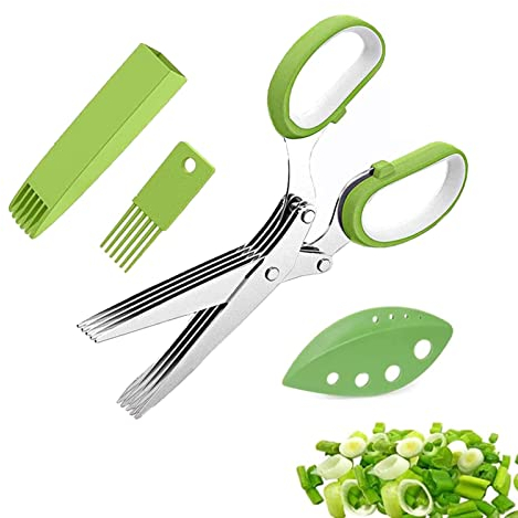 Set di Forbici per Erbe, Forbici per Erbe Aromatiche Multiuso a 5 Lame, Forbici da Cucina Multifunzione, Coperchio con Pettine per la Pulizia e Coltello da Taglio, Adatto per Cucina(Verde)