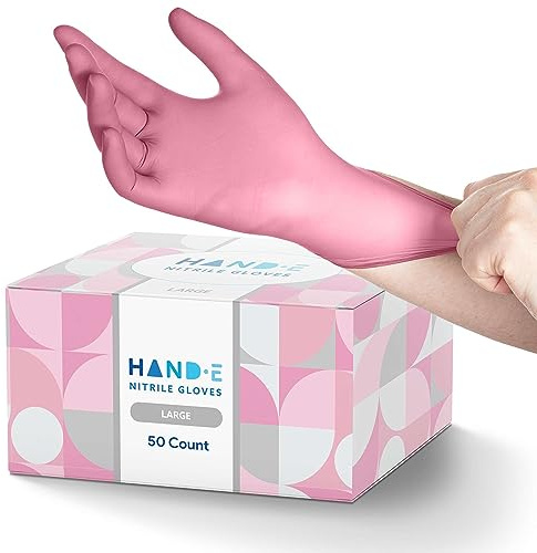 Hand-E Touch Pink Nitrile Disposable Gloves Large (50 Count) - Latex Free & Powder Free - Multipurpose Exam, Tattoo, Food Safe & Cleaning Use - Salon, Esthetician & Nail Tech Gloves