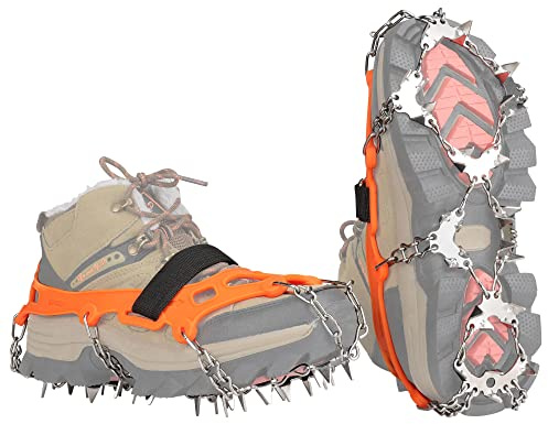 BLUEVER Crampons Ice Cleats Dragkraftssnögrepp för stövlar Skor med 32 spikar i rostfritt stål Anti-slip för promenader, vandring, klättring, fiske och bergsklättring