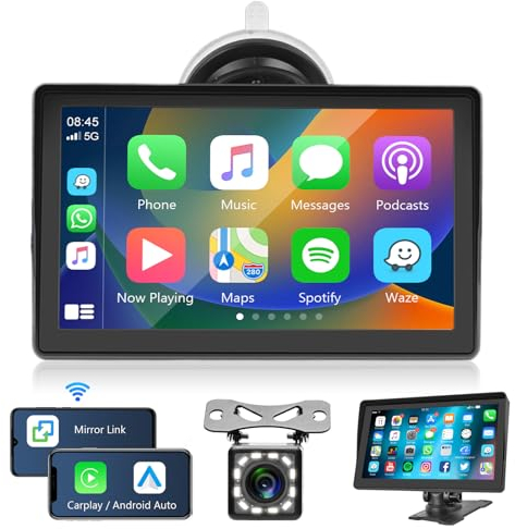 Schermo Carplay e Android Auto Senza Fili, Lettore Video per Auto 7 Pollici HD Touchscreen Portatile Autoradio Ricevitore, Mani Libere Bluetooth Display Auto, Mirror Link, USB/SD, Audio, Telecamera