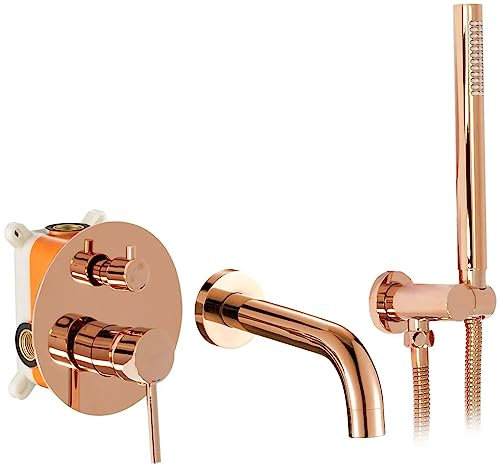 Rea ROBINET DE BAIGNOIRE ENCASTRÉ Lungo Rose Gold + Box Mitigeur Baignoire avec Douchette en Laiton pour Salle de Bain Chaude et Froide Réglable (Or Rosé)