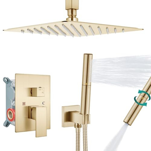 Aolemi Ceiling Mounted Shower System with Rain Shower Head and Handheld Shower, High Pressure Shower Faucet Set, Fixing Combo with 2 in 1 Handheld Shower, Coarse Valve, 12 Shower Head, Brushed Gold