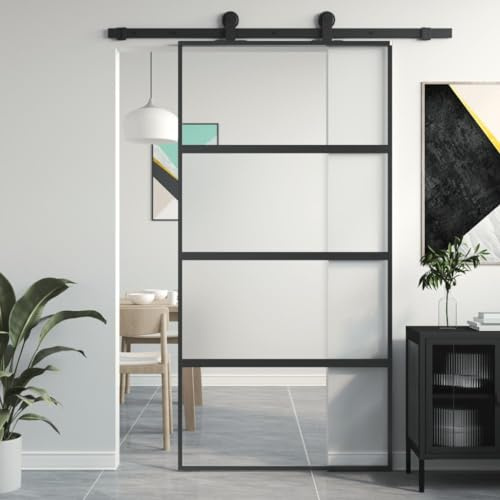 Gecheer Porta,Scorrevole,in Vetro ESG e Alluminio,Nero e semi-smerigliato,102,5x205 cm,Porta Sorrevole,Porta Scorrevole in Vetro e Alluminio