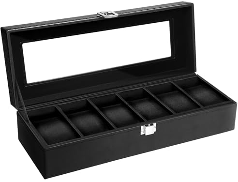 Uten Uhrenbox für 6 Uhren, Uhrenbox Herren mit Glasdeckel, Schwarzes Innenfutter, Abnehmbares Polster, Metallschnalle, Schmuckschatulle für Herren und Damenuhren