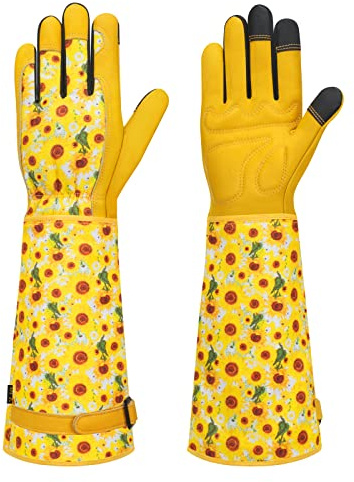 DLY Gartenhandschuhe-Damen und Herren, Lange-Rosenhandschuhe, Atmungsaktive Leder-Garten-Handschuhe, Arbeitshandschuhe mit Unterarmschutz