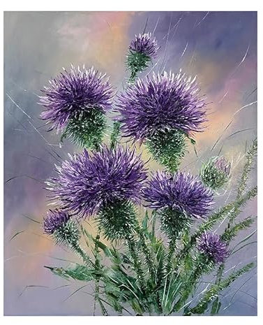 LCDIUDIU Gemälde,Ölgemälde Auf Leinwand, Handgemalt, Modernes Abstraktes Kunstwerk Mit Lila Eryngium Blume Und Grünem Blatt, Ungerahmt, Große Wandkunst für Wohnzimmer, Schlafzimmer, Büro, Hei