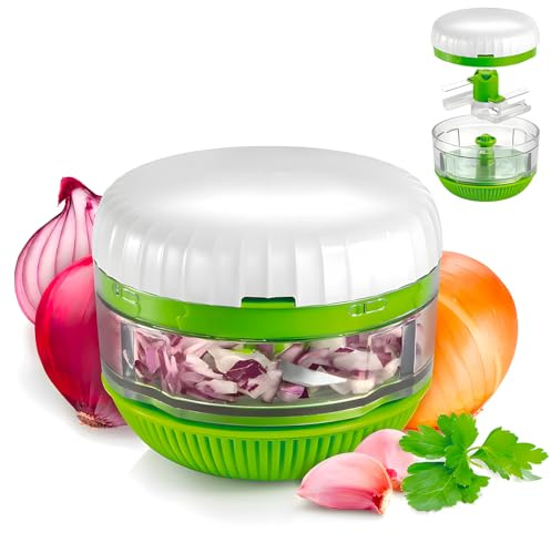 Avilia Picadora blanca y verde redonda giratoria de plástico de 10 cm con cuchillas de acero inoxidable – Ideal para picar ajo, cebolla o hierbas aromáticas – Ahorra espacio, fácil de usar y limpiar