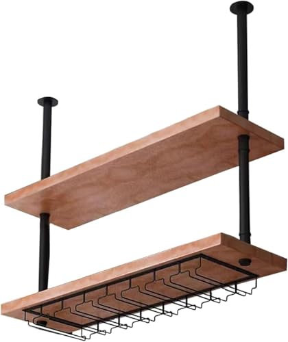 Sospensione Mensola da soffitto Portabottiglie sospeso con portabicchieri, 2 Strati di Metallo Portabicchieri da soffitto Scaffali Decorativi da Parete per Bar Ristorante Cucina (Dimensioni: