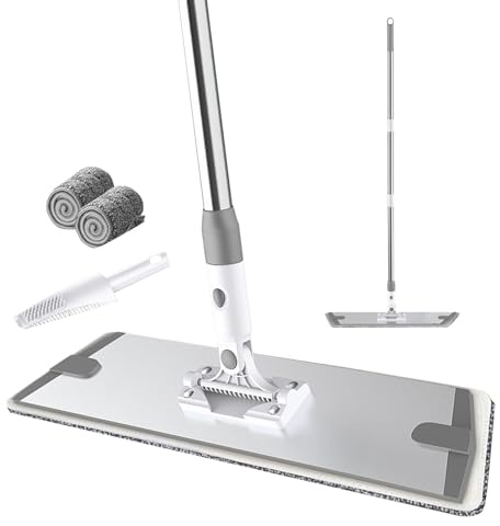 Professionale Mop in Microfibra,Mocio Lavapavimenti con 3 manico in acciaio inox,raschietto,2 panni in microfibra,per Legno Duro, Laminato, Legno, Ceramica (grigio,60cm)