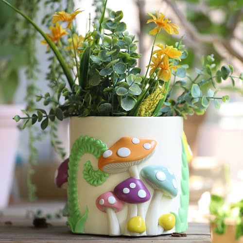 AmiCera Bunte Blumentopf In Pilzform, Kleine BlumentöPfe für Den Innenbereich mit Drainage, Niedlicher Einzigartiger Pflanzentöpfe Heimdekoration, Eklektischer Moderner Übertopf für Den Garten, Weiß