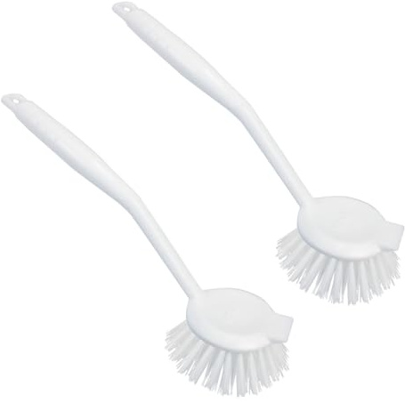 LOLA Dish Brush w/Scraper, 2 Pack, Durable Fiber Non-Scratch Bristles, Ergonomic Non-Slip Grip Handle, for Baked-on & Caked-on Messes