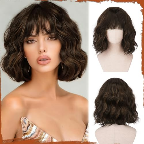 Sofeiyan Perruque Courte Ondulée 30 cm avec Frange, Cheveux Synthétiques Surbrillance Marron pour Femme Résistante à la Chaleur Naturel Bouclée pour Usage Quotidien et Cosplay