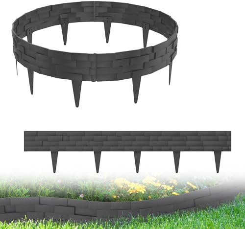 XMTECH 10m Rasenkante Beeteinfassung Gartenpalisade in Stein-Optik, Beetumrandung Mähkante Randsteine aus Kunststoff mit 10 Elemente á 100 cm, Anthrazit