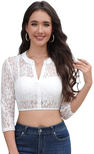 Zeagoo Dirndlblus dam spets traditionell blus 3/4 ärm svart rund hals spetsblus elegant vit Oktoberfest blus traditionella blusar med knapp XS–XXL, Vit, XL