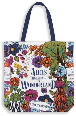 Steel Mill & Co Cute Canvas Tote Bag for Book Lovers, Bookish Reusable/Foldable Bag for Work/Groceries, Alice's Adventures in Wonderland (Floral Nonsense)