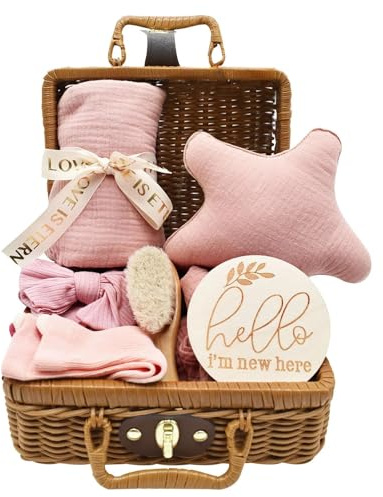 YTACREA 7-delad gåva för nyfödda, baby gåva pojke flicka, 7-i-1 babygåvor med filt, babyhårband, babyborste, strumpor, milstolskort, souvenirlåda, rosa